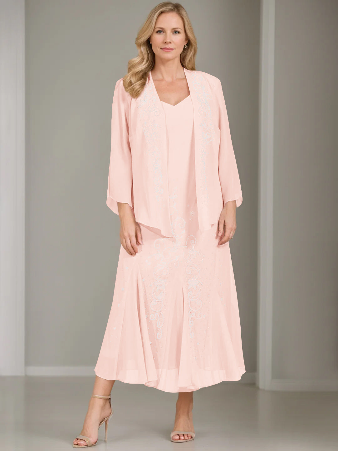 A-Line/Princess 2 Pieces V-Neck Tea-Length Plus Size Mother of the Bride Dresses with Jacket & Sequins