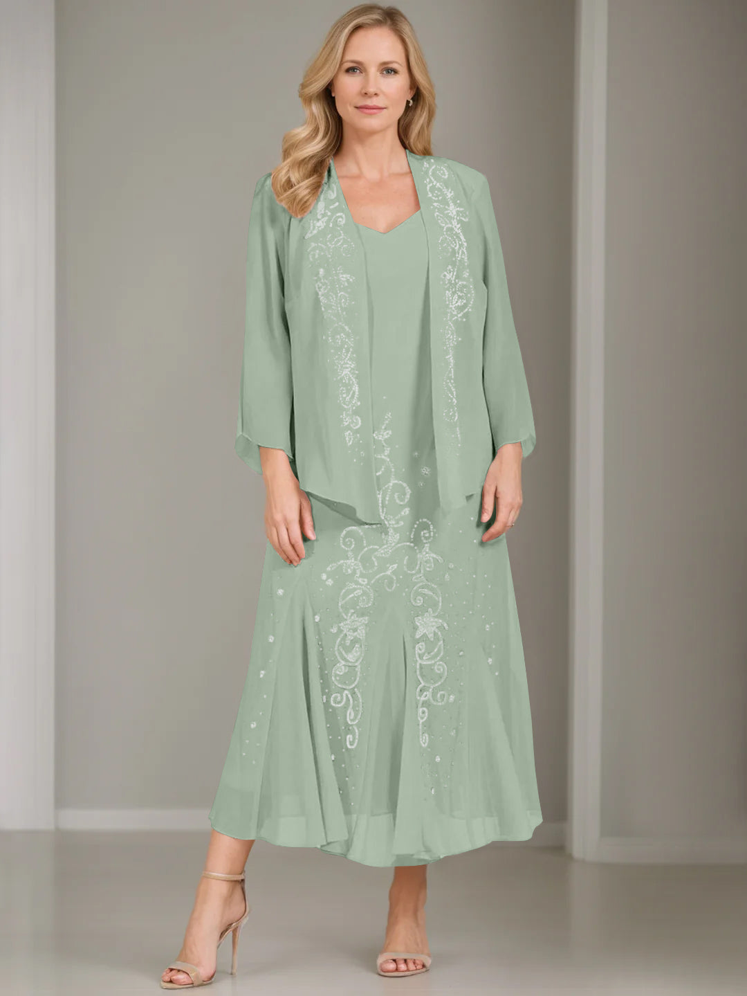 A-Line/Princess 2 Pieces V-Neck Tea-Length Plus Size Mother of the Bride Dresses with Jacket & Sequins