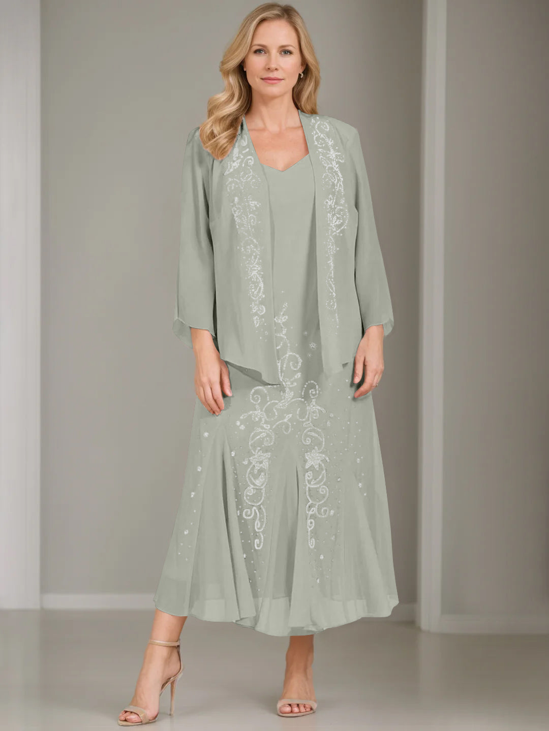 A-Line/Princess 2 Pieces V-Neck Tea-Length Plus Size Mother of the Bride Dresses with Jacket & Sequins