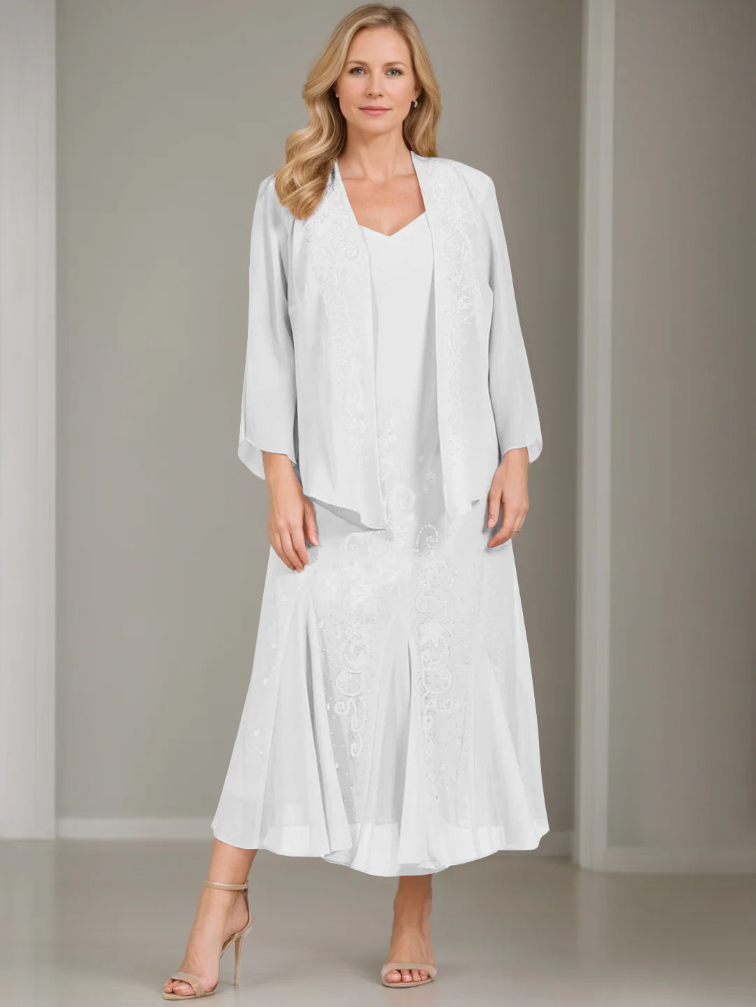 A-Line/Princess 2 Pieces V-Neck Tea-Length Plus Size Mother of the Bride Dresses with Jacket & Sequins