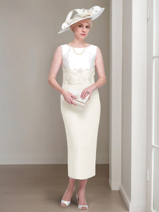 2 Pieces Round Neck Tea-Length Mother of the Bride Dresses with Jacket & Lace Appliques