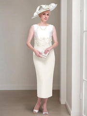 2 Pieces Round Neck Tea-Length Mother of the Bride Dresses with Jacket & Lace Appliques