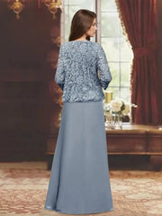2 Pieces A-Line/Princess Scoop 3/4 Length Sleeves Floor-Length Mother of the Bride Dresses with Pleated & Ruffles