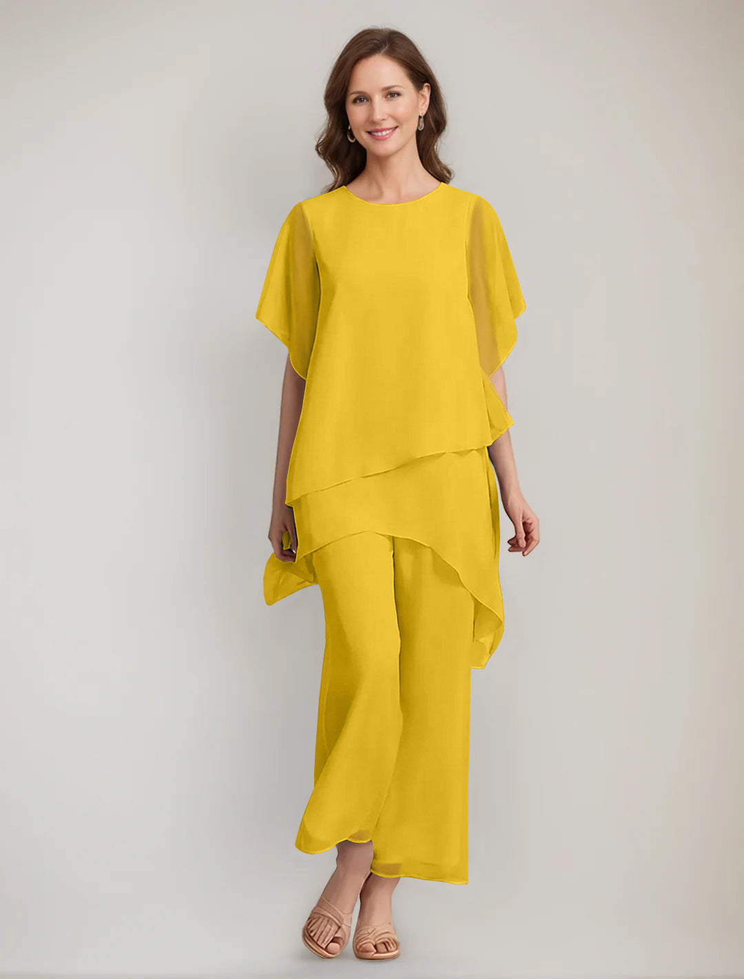 2 Pieces Scoop 1/2 Sleeves Ankle-Length Asymmetrical Mother Of The Bride Pantsuits With Button