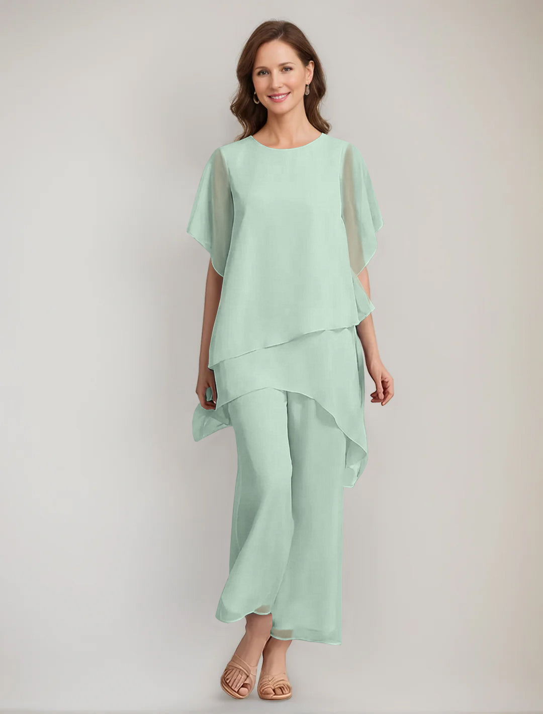 2 Pieces Scoop 1/2 Sleeves Ankle-Length Asymmetrical Mother Of The Bride Pantsuits With Button