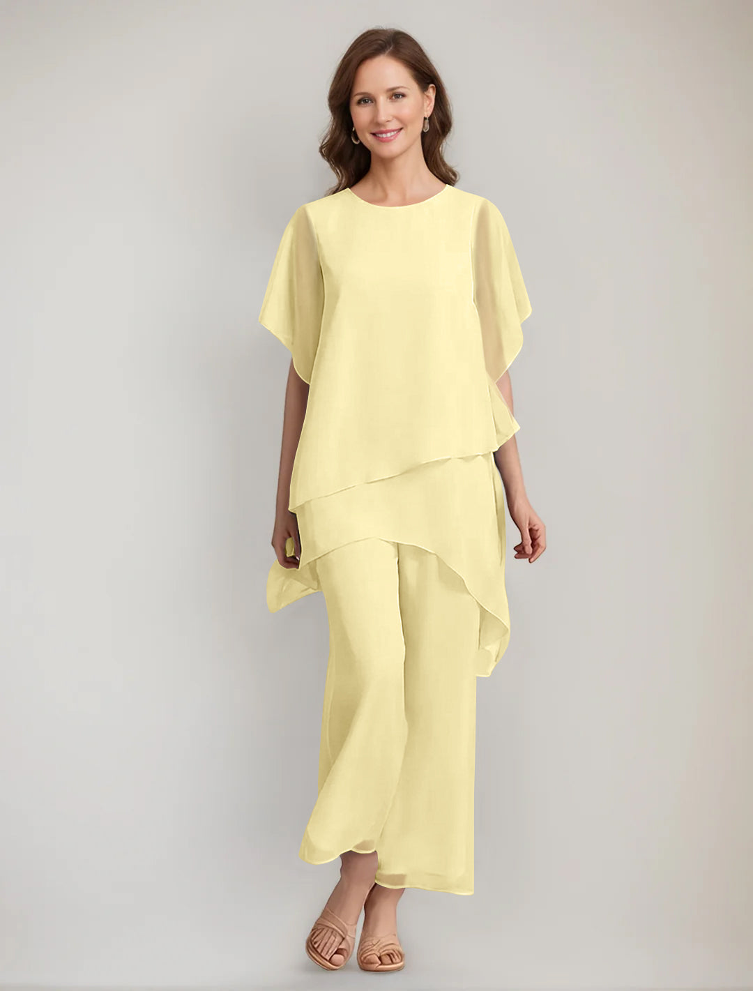 2 Pieces Scoop 1/2 Sleeves Ankle-Length Asymmetrical Mother Of The Bride Pantsuits With Button