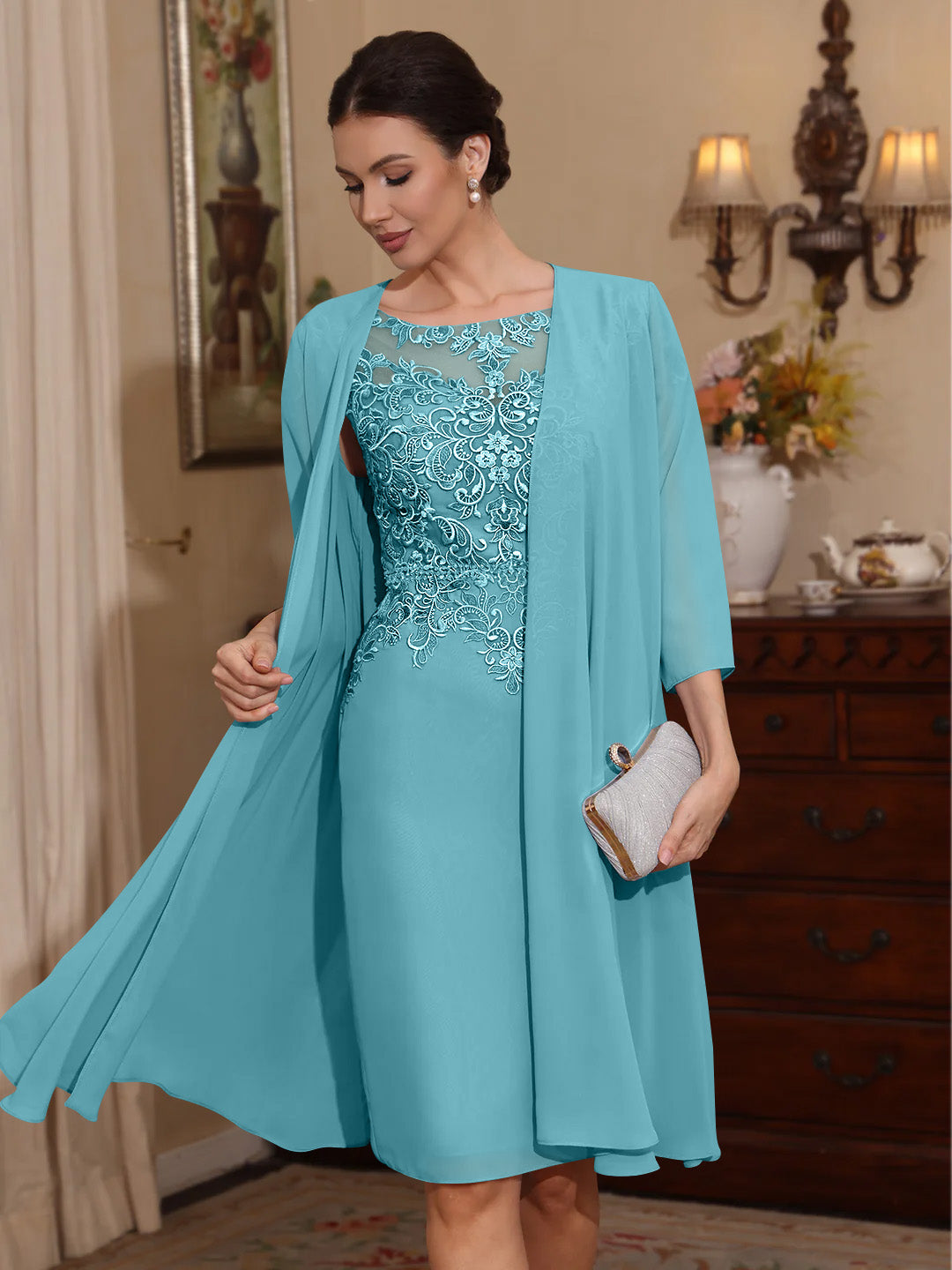 2 Pieces Sheath/Column Scoop Chiffon Mother of the Bride Dresses with Jacket Lace Knee-Length 3/4 Sleeves