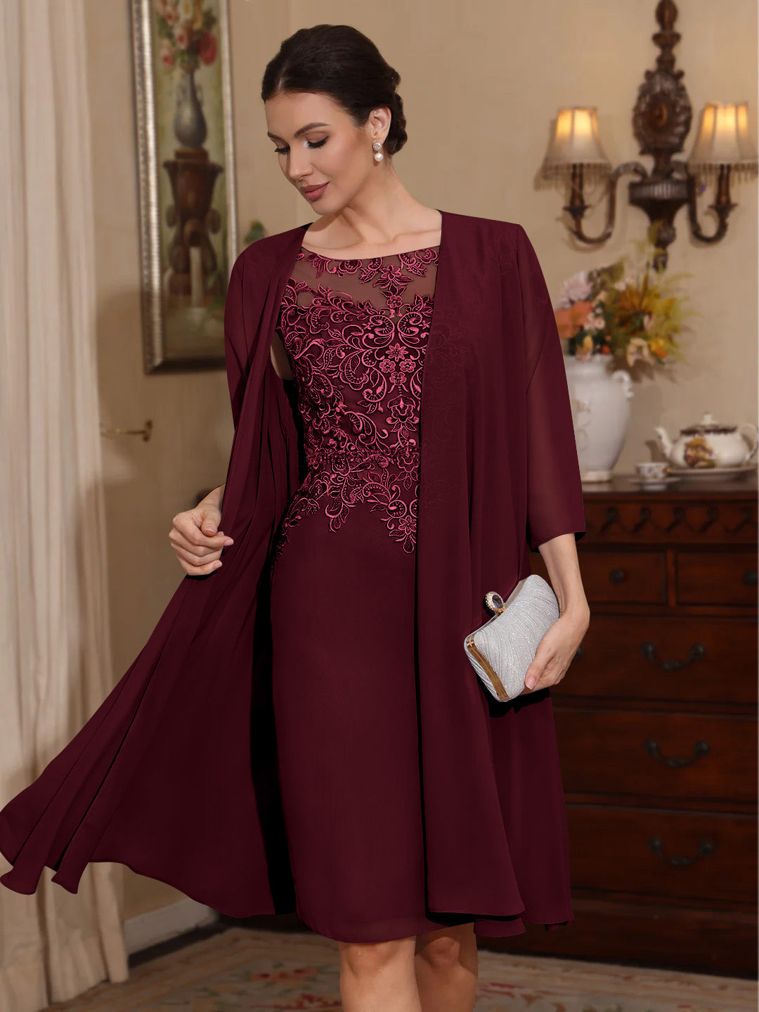2 Pieces Sheath/Column Scoop Chiffon Mother of the Bride Dresses with Jacket Lace Knee-Length 3/4 Sleeves