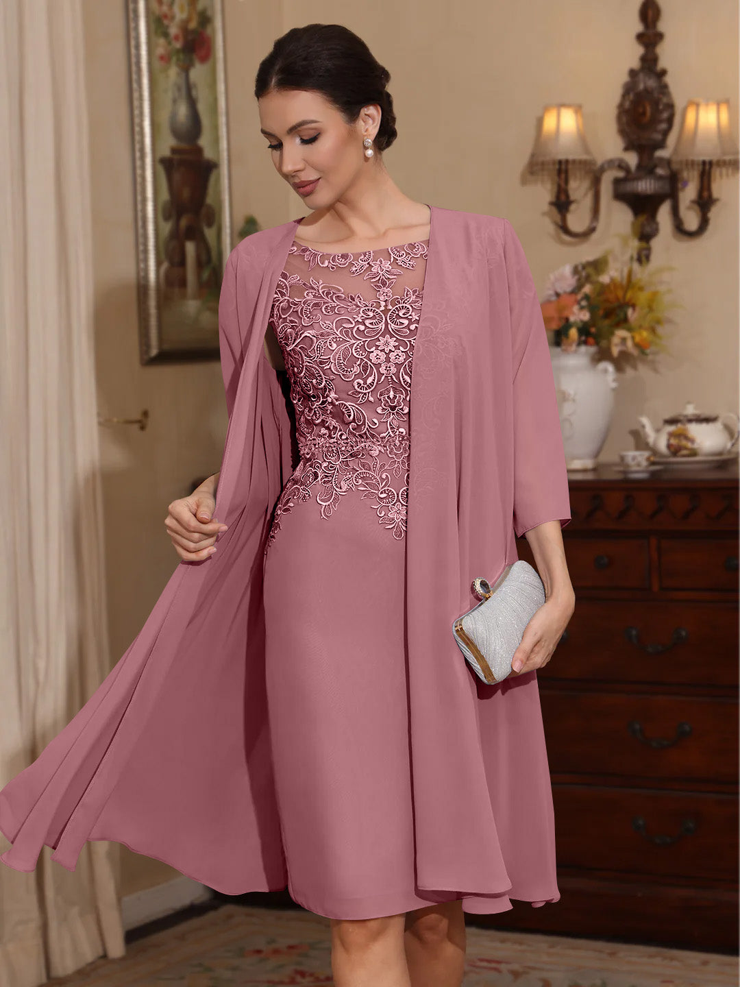 2 Pieces Sheath/Column Scoop Chiffon Mother of the Bride Dresses with Jacket Lace Knee-Length 3/4 Sleeves