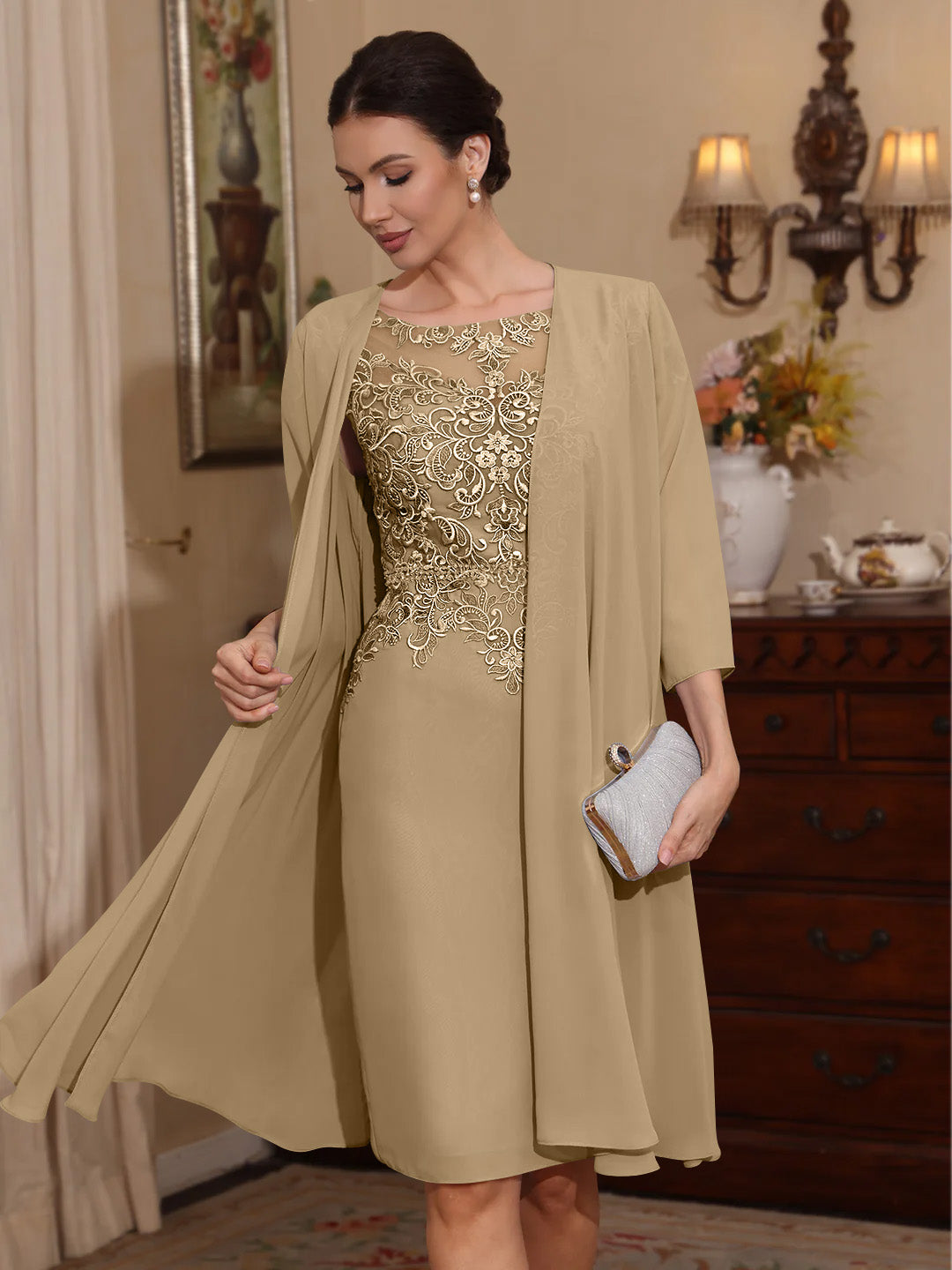 2 Pieces Sheath/Column Scoop Chiffon Mother of the Bride Dresses with Jacket Lace Knee-Length 3/4 Sleeves