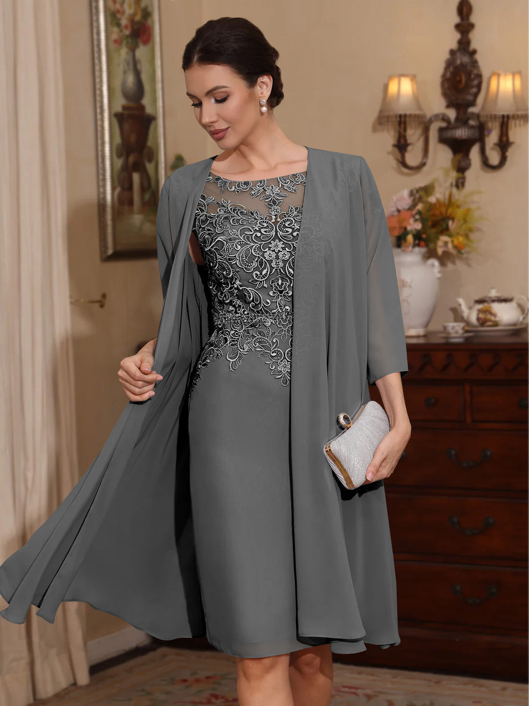 2 Pieces Sheath/Column Scoop Chiffon Mother of the Bride Dresses with Jacket Lace Knee-Length 3/4 Sleeves
