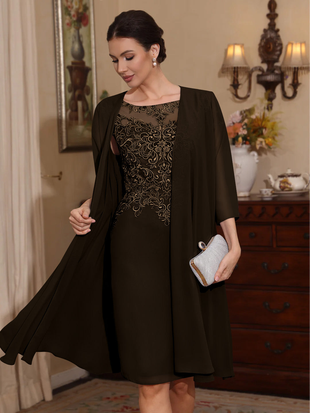 2 Pieces Sheath/Column Scoop Chiffon Mother of the Bride Dresses with Jacket Lace Knee-Length 3/4 Sleeves