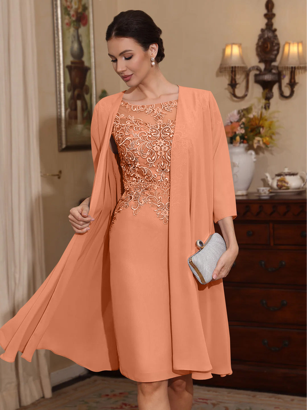 2 Pieces Sheath/Column Scoop Chiffon Mother of the Bride Dresses with Jacket Lace Knee-Length 3/4 Sleeves