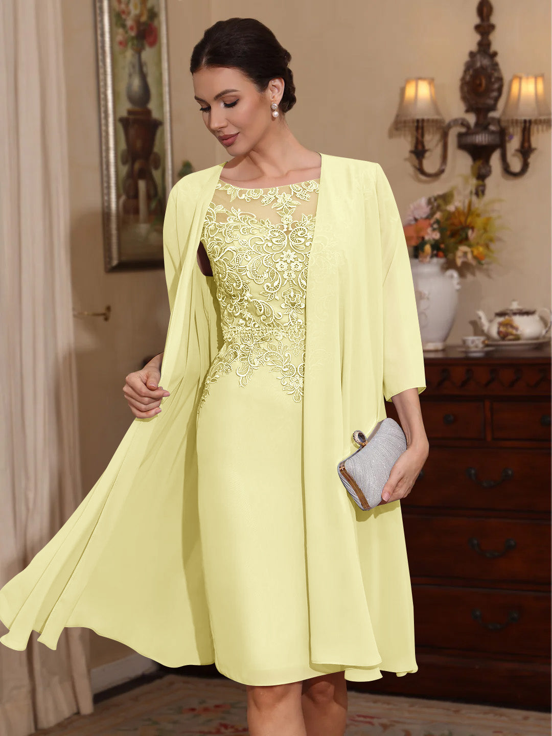 2 Pieces Sheath/Column Scoop Chiffon Mother of the Bride Dresses with Jacket Lace Knee-Length 3/4 Sleeves