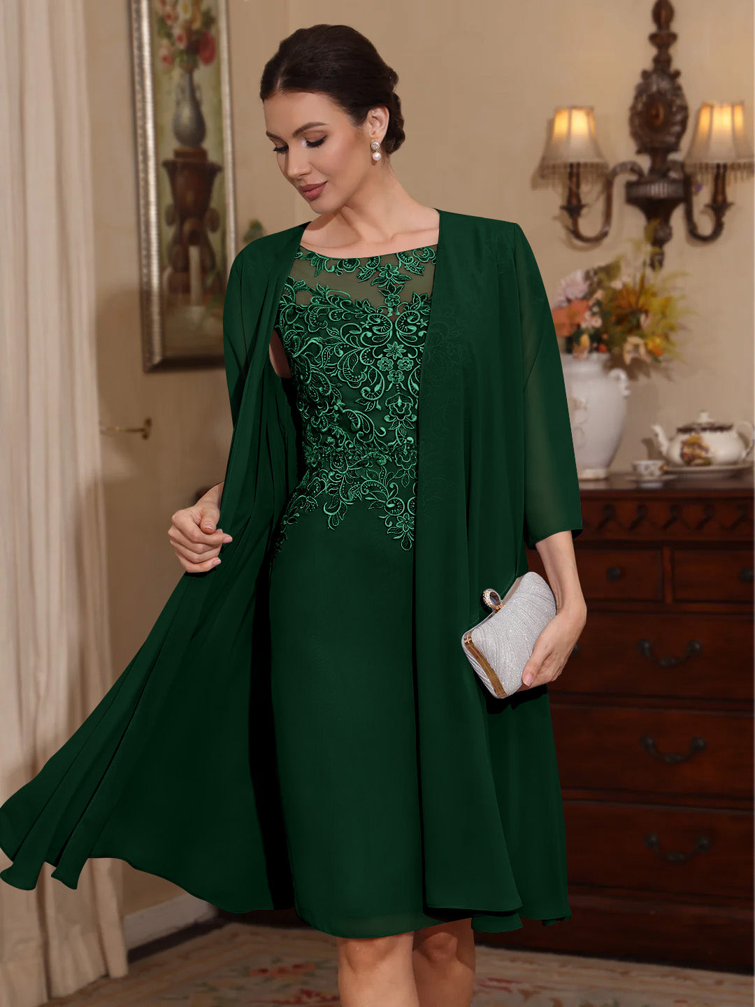 2 Pieces Sheath/Column Scoop Chiffon Mother of the Bride Dresses with Jacket Lace Knee-Length 3/4 Sleeves