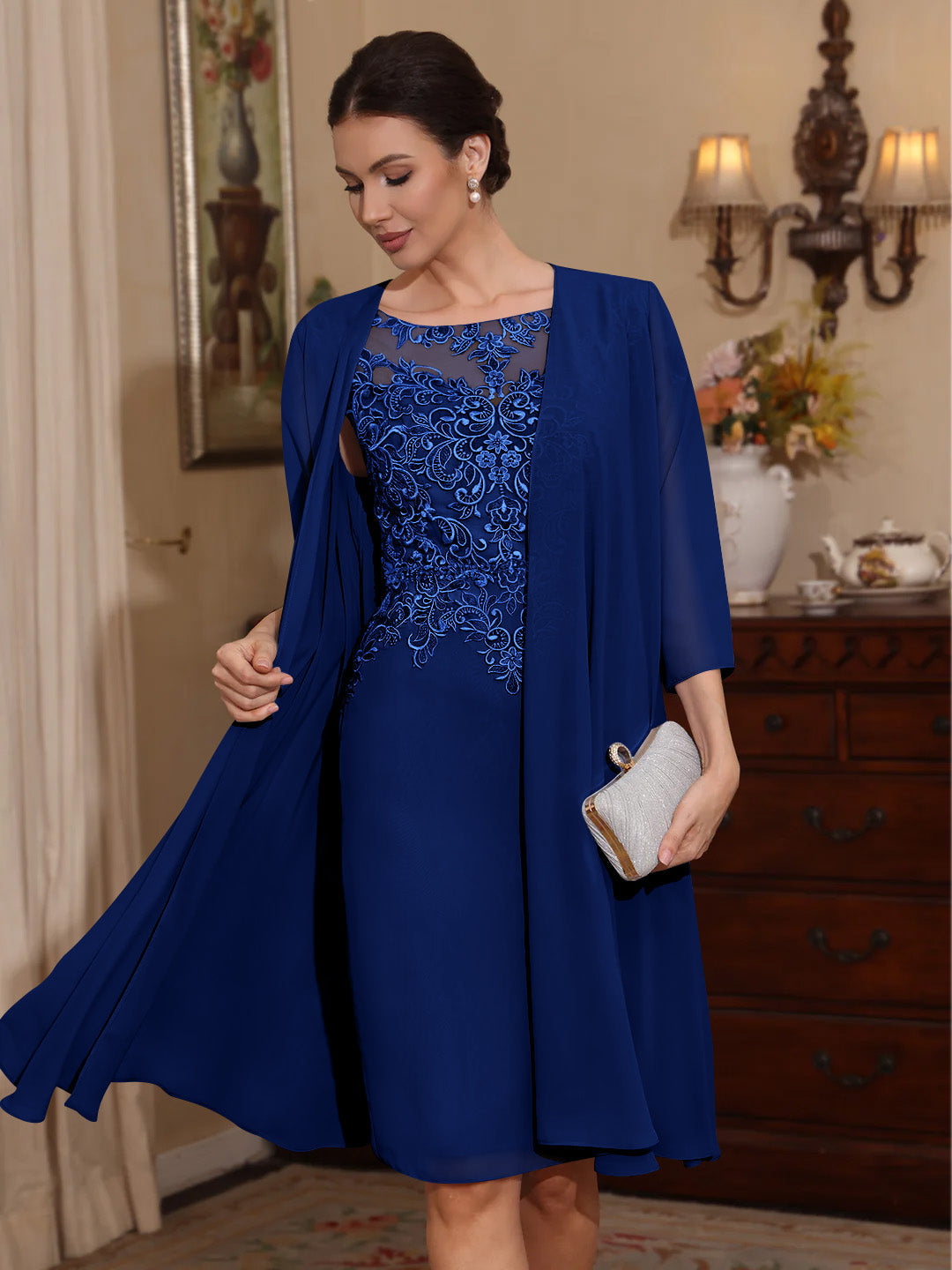 2 Pieces Sheath/Column Scoop Chiffon Mother of the Bride Dresses with Jacket Lace Knee-Length 3/4 Sleeves