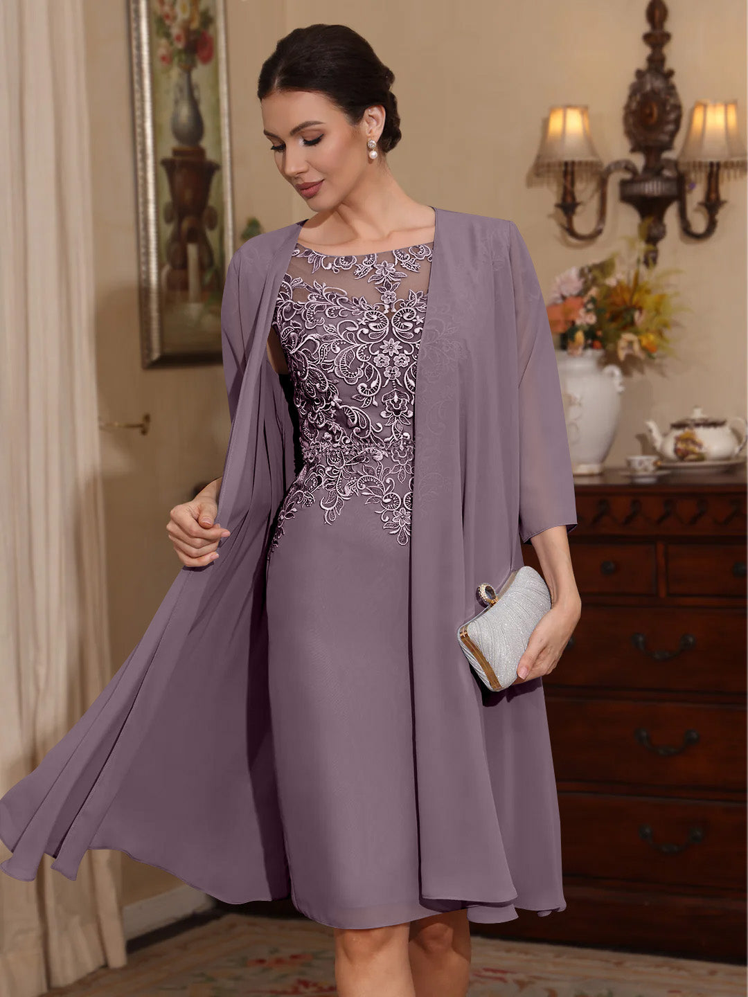 2 Pieces Sheath/Column Scoop Chiffon Mother of the Bride Dresses with Jacket Lace Knee-Length 3/4 Sleeves