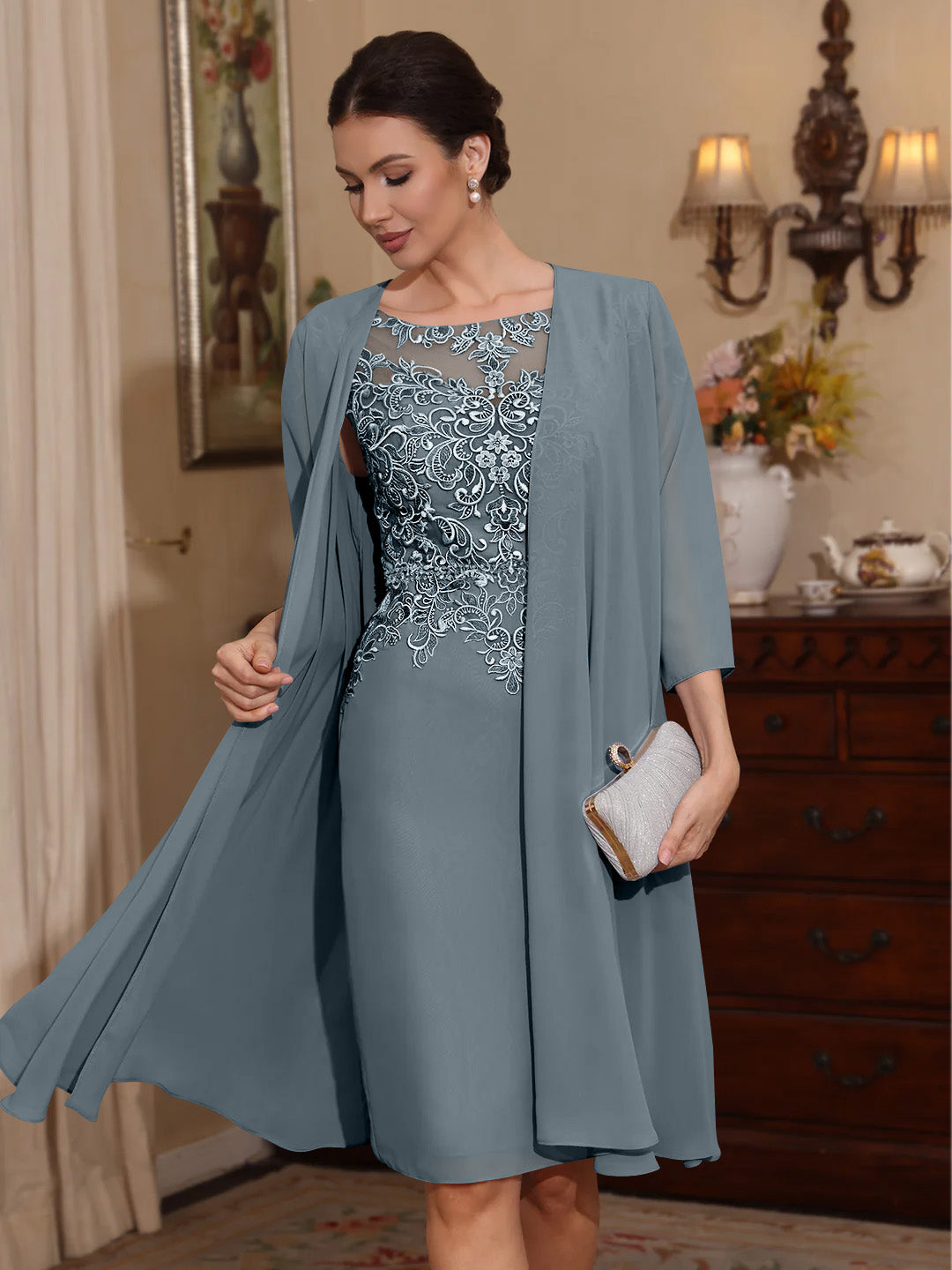 2 Pieces Sheath/Column Scoop Chiffon Mother of the Bride Dresses with Jacket Lace Knee-Length 3/4 Sleeves