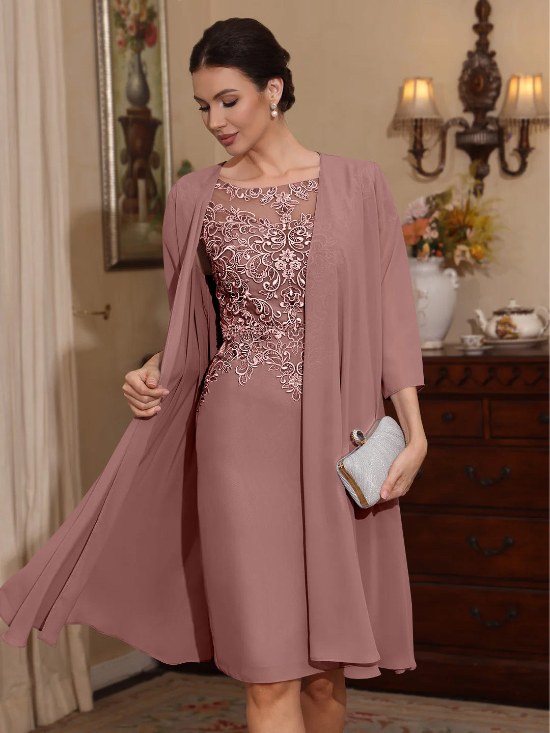 2 Pieces Sheath/Column Scoop Chiffon Mother of the Bride Dresses with Jacket Lace Knee-Length 3/4 Sleeves