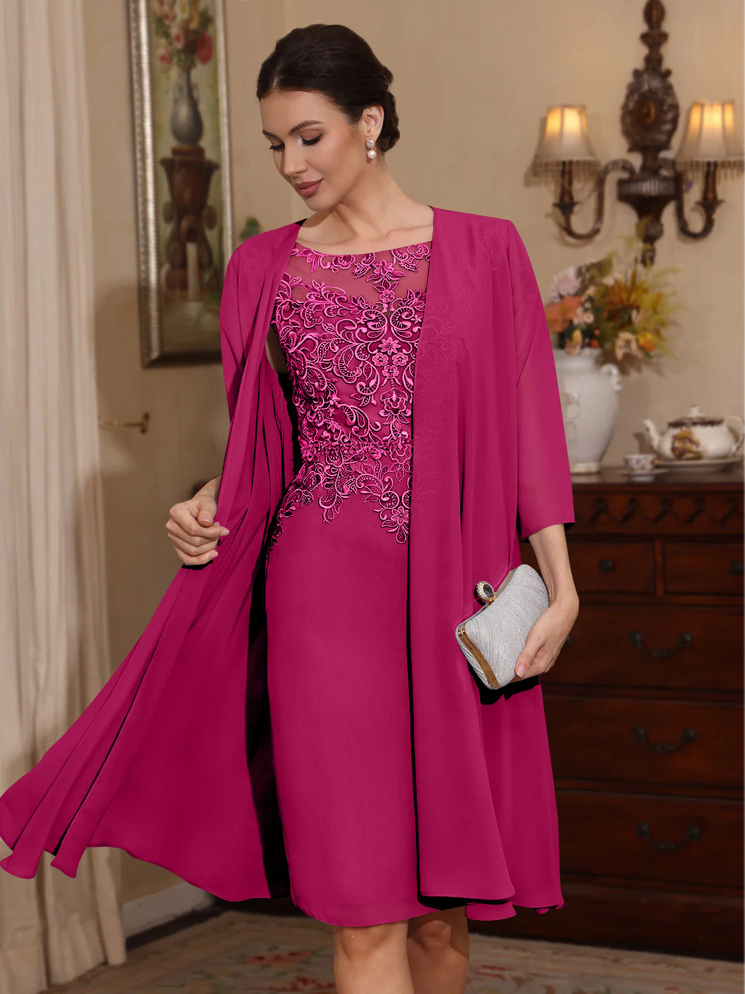 2 Pieces Sheath/Column Scoop Chiffon Mother of the Bride Dresses with Jacket Lace Knee-Length 3/4 Sleeves