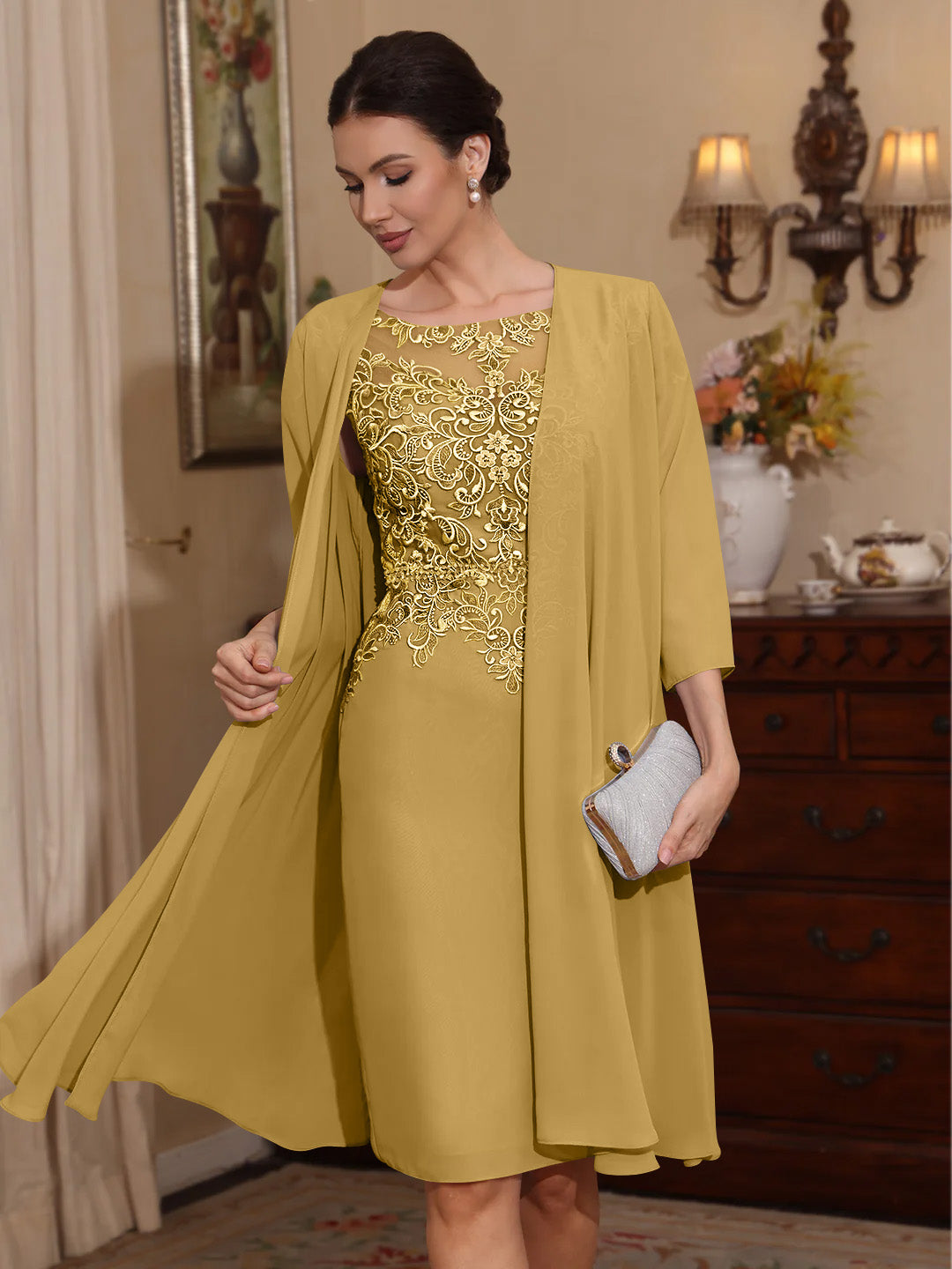 2 Pieces Sheath/Column Scoop Chiffon Mother of the Bride Dresses with Jacket Lace Knee-Length 3/4 Sleeves