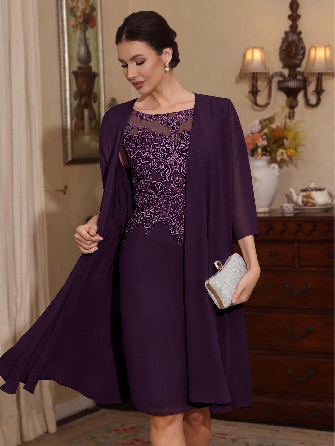 2 Pieces Sheath/Column Scoop Chiffon Mother of the Bride Dresses with Jacket Lace Knee-Length 3/4 Sleeves