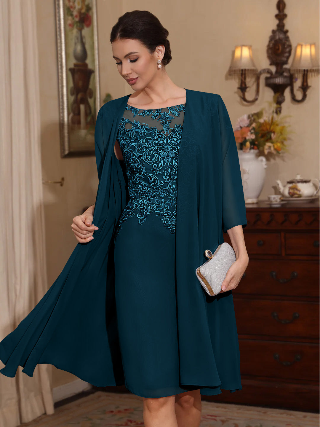 2 Pieces Sheath/Column Scoop Chiffon Mother of the Bride Dresses with Jacket Lace Knee-Length 3/4 Sleeves