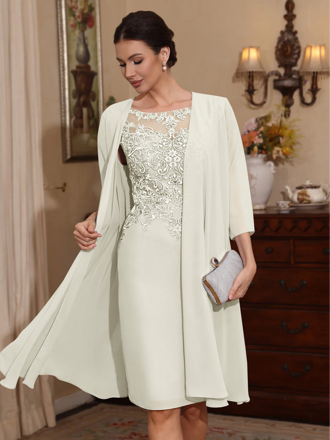 2 Pieces Sheath/Column Scoop Chiffon Mother of the Bride Dresses with Jacket Lace Knee-Length 3/4 Sleeves