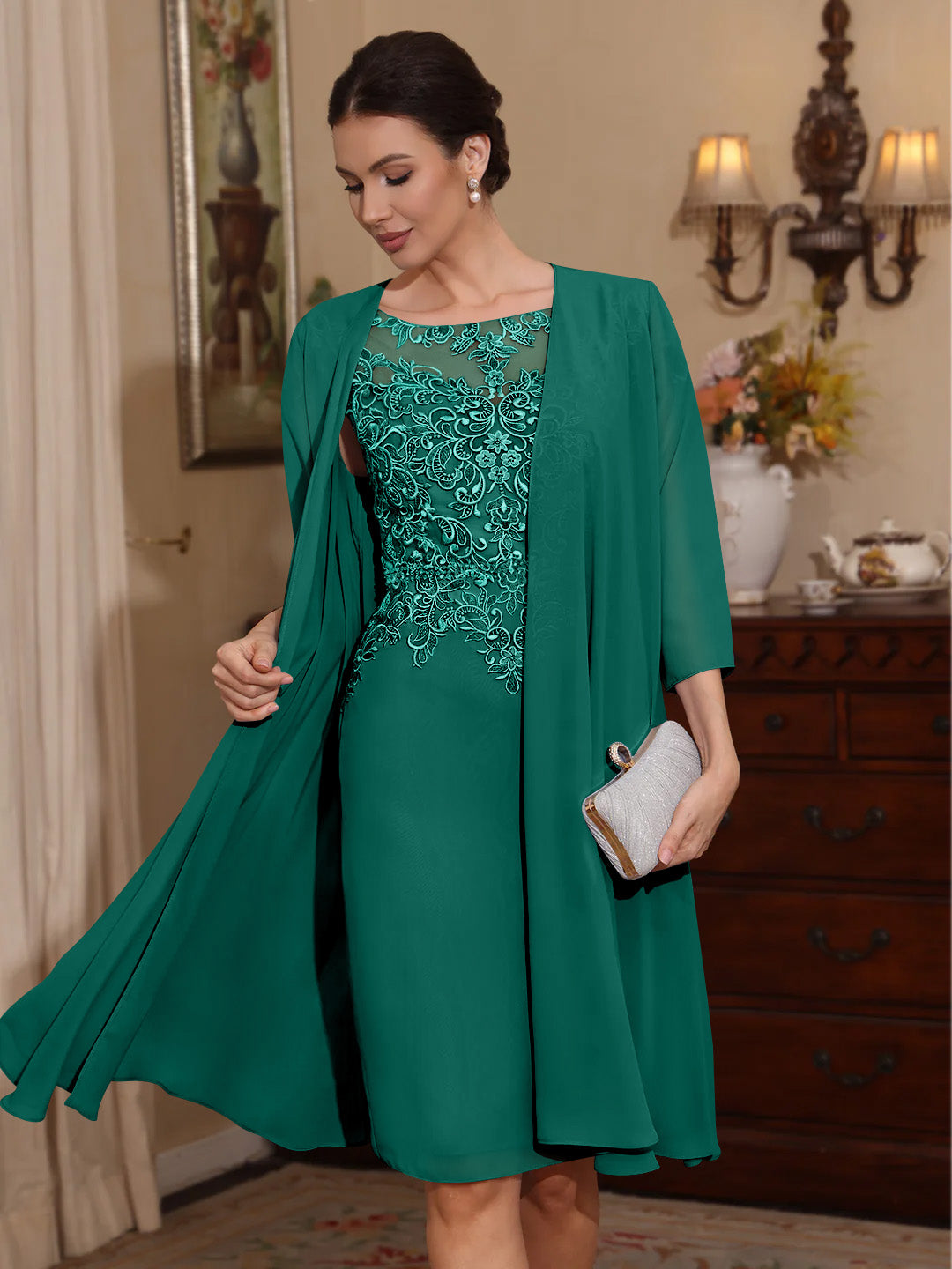 2 Pieces Sheath/Column Scoop Chiffon Mother of the Bride Dresses with Jacket Lace Knee-Length 3/4 Sleeves