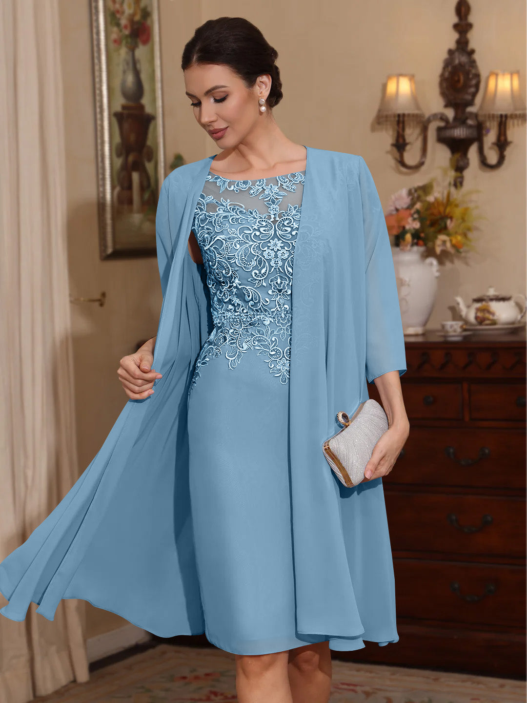 2 Pieces Sheath/Column Scoop Chiffon Mother of the Bride Dresses with Jacket Lace Knee-Length 3/4 Sleeves