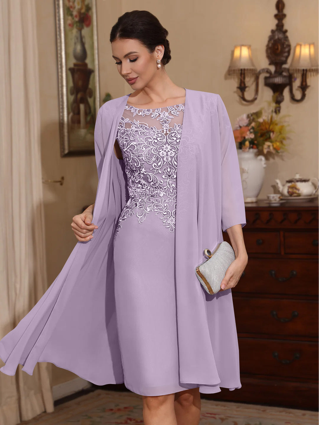 2 Pieces Sheath/Column Scoop Chiffon Mother of the Bride Dresses with Jacket Lace Knee-Length 3/4 Sleeves