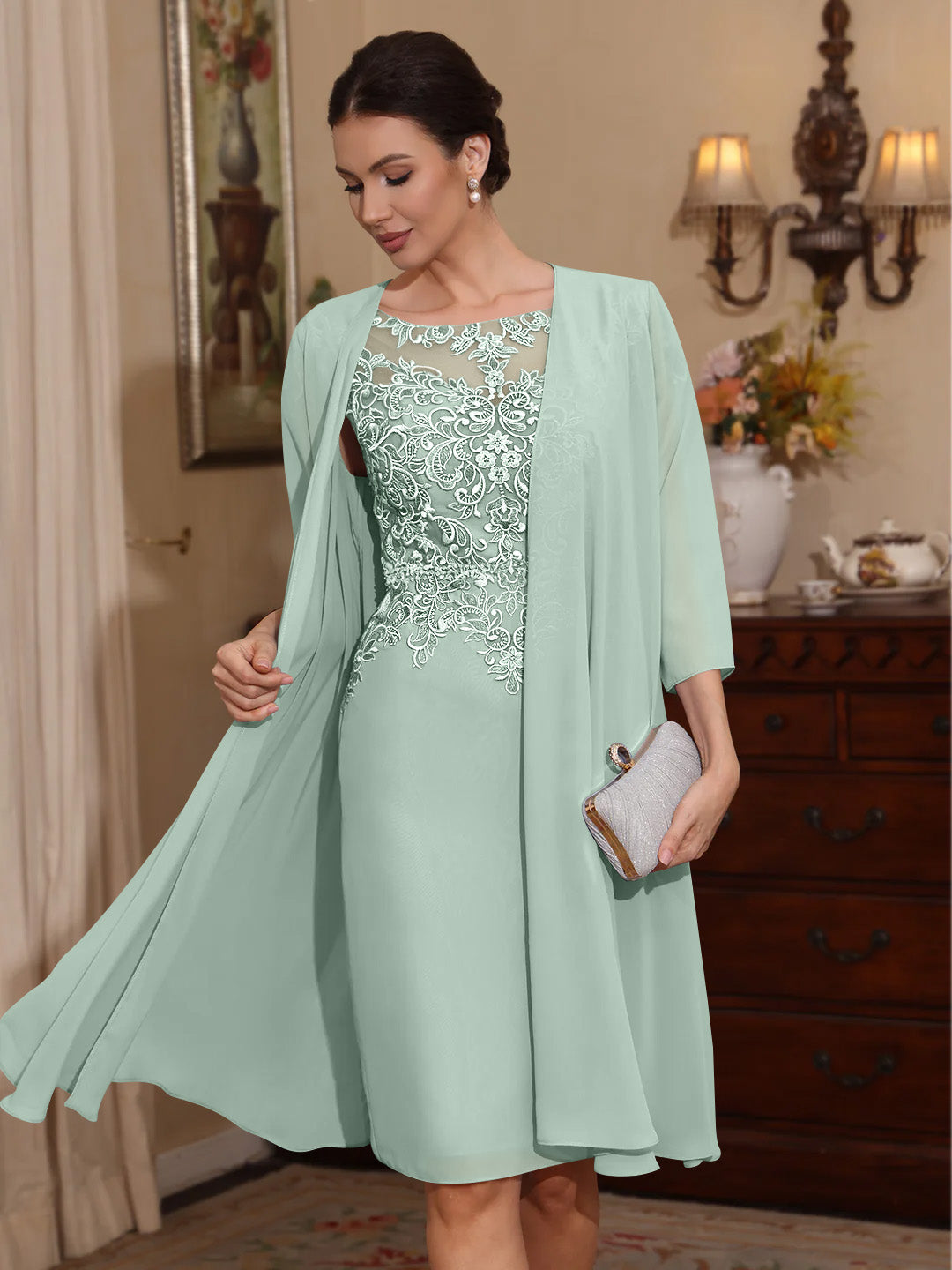 2 Pieces Sheath/Column Scoop Chiffon Mother of the Bride Dresses with Jacket Lace Knee-Length 3/4 Sleeves