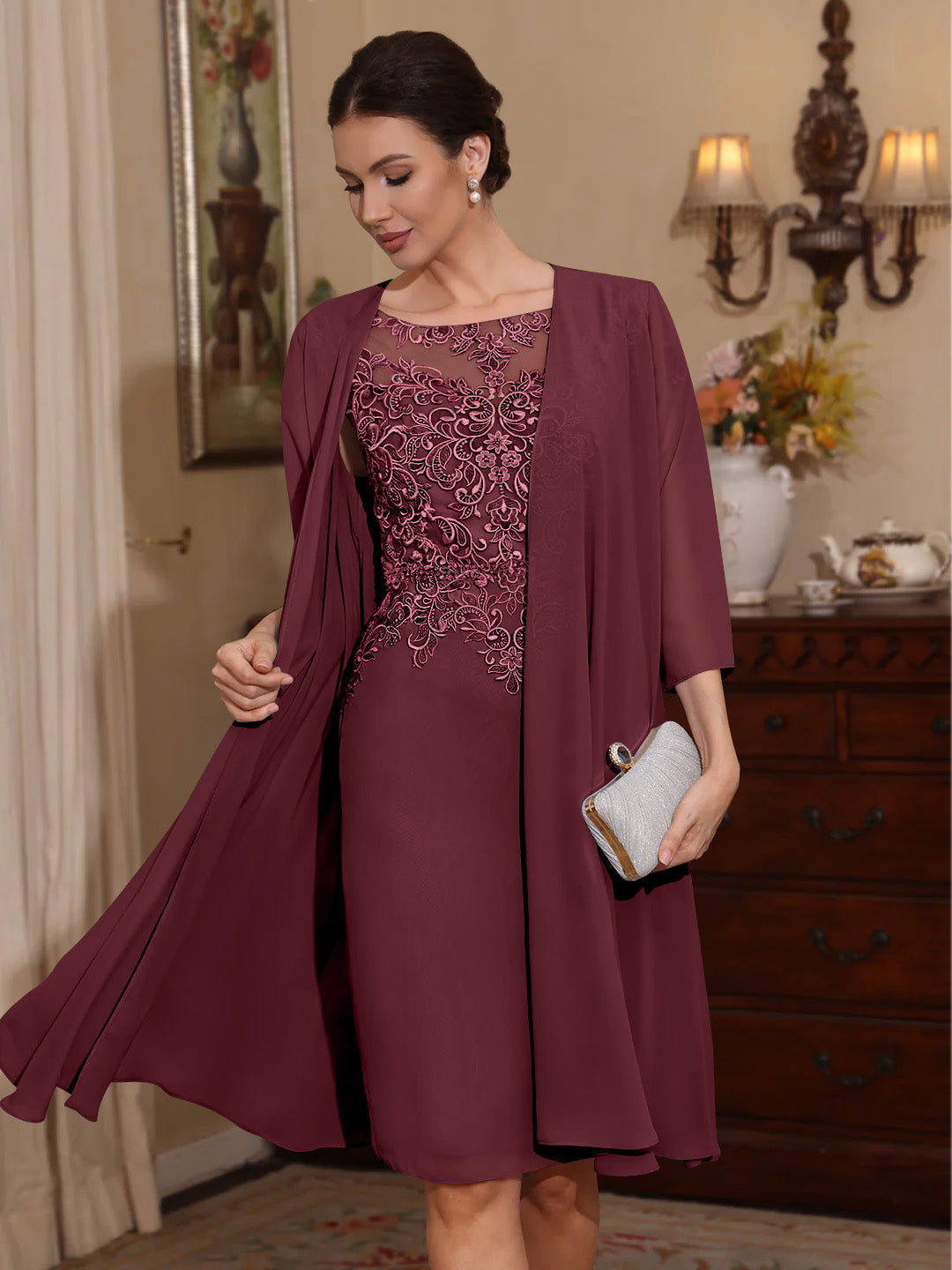 2 Pieces Sheath/Column Scoop Chiffon Mother of the Bride Dresses with Jacket Lace Knee-Length 3/4 Sleeves