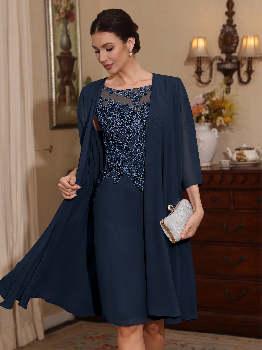 2 Pieces Sheath/Column Scoop Chiffon Mother of the Bride Dresses with Jacket Lace Knee-Length 3/4 Sleeves