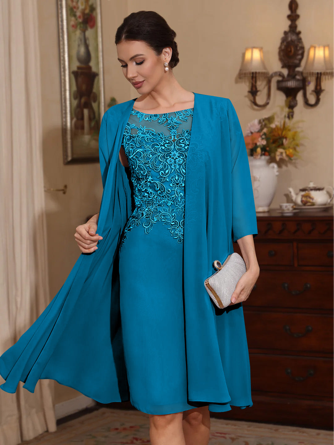 2 Pieces Sheath/Column Scoop Chiffon Mother of the Bride Dresses with Jacket Lace Knee-Length 3/4 Sleeves