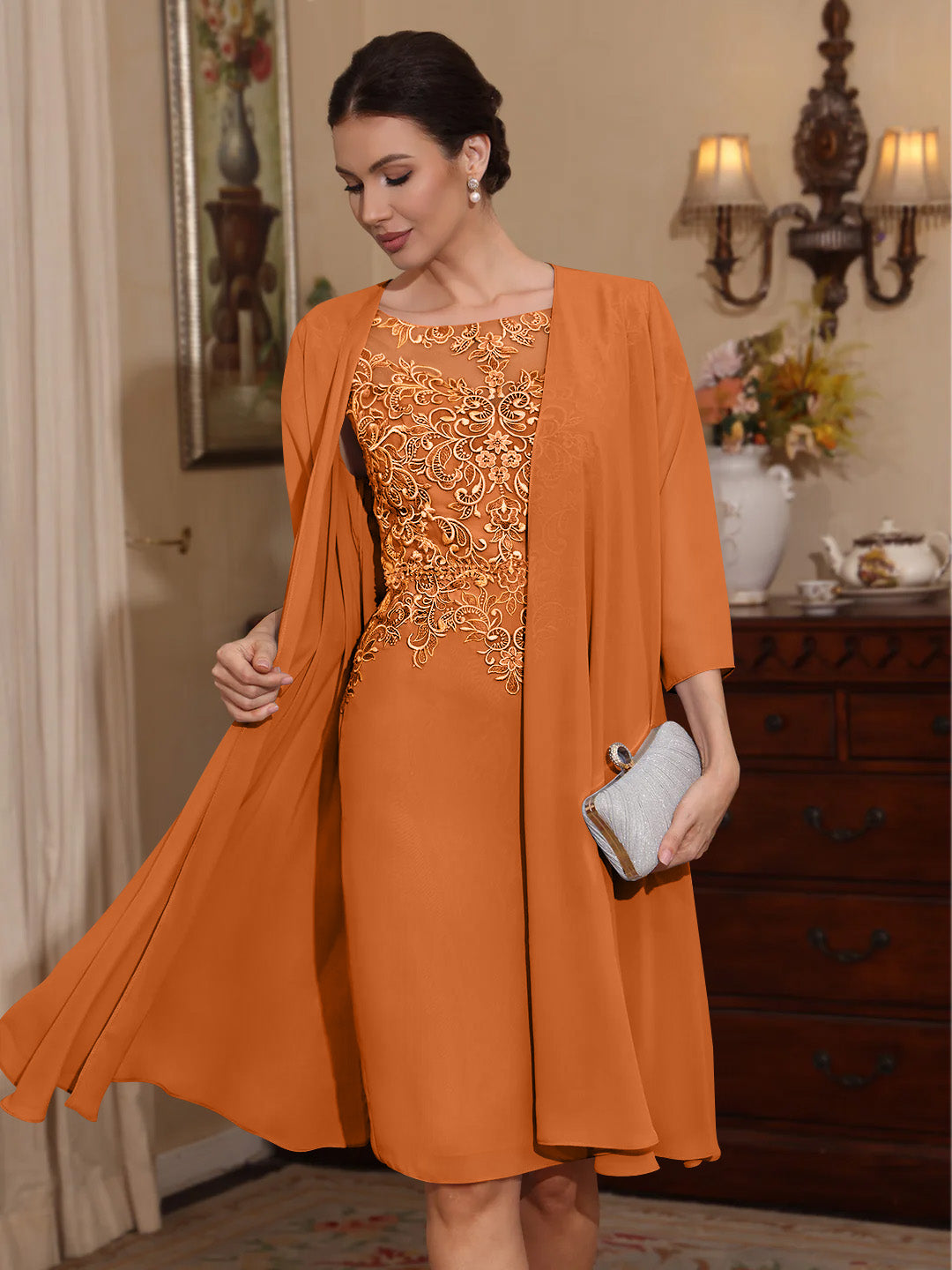 2 Pieces Sheath/Column Scoop Chiffon Mother of the Bride Dresses with Jacket Lace Knee-Length 3/4 Sleeves