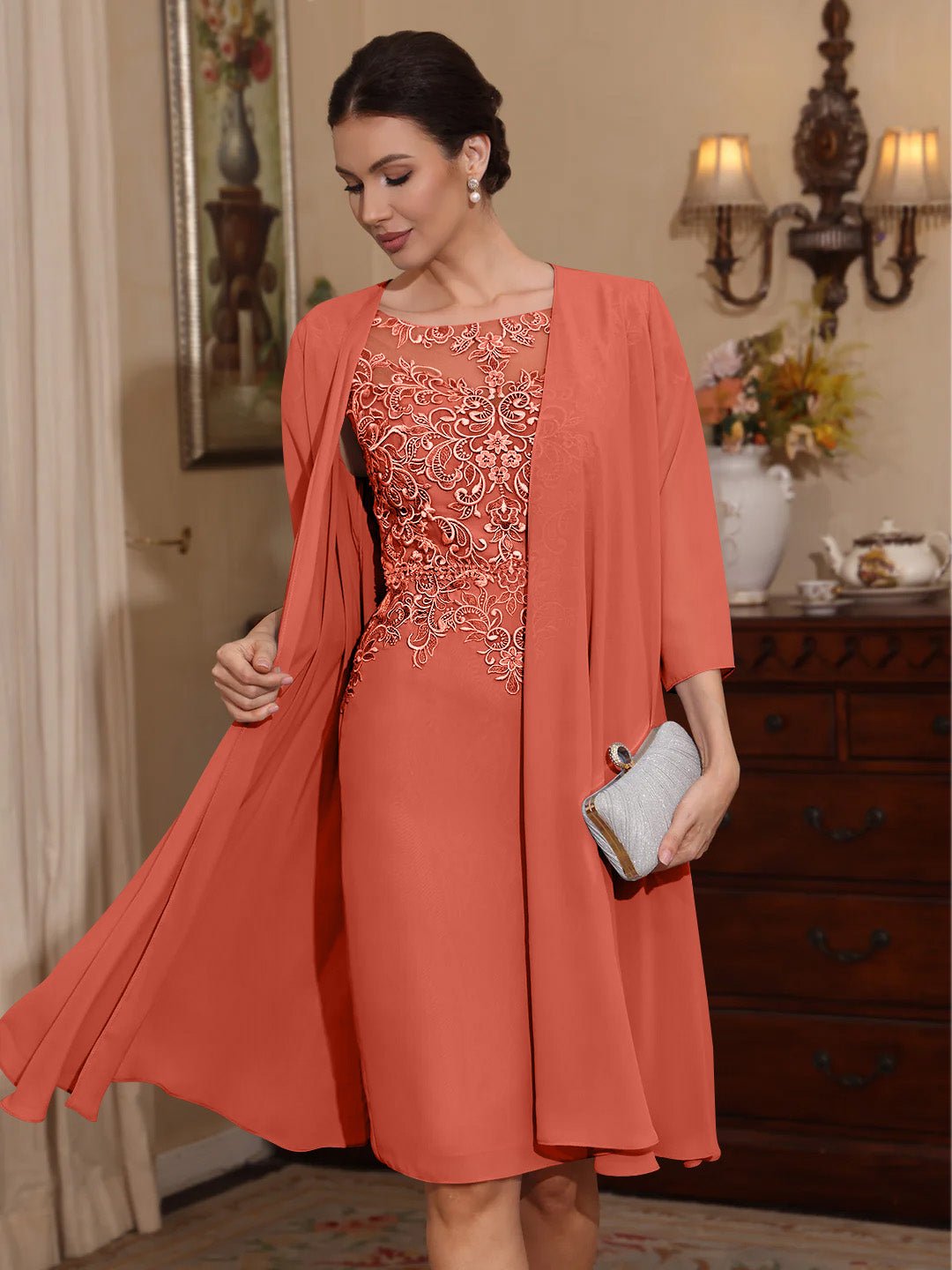 2 Pieces Sheath/Column Scoop Chiffon Mother of the Bride Dresses with Jacket Lace Knee-Length 3/4 Sleeves