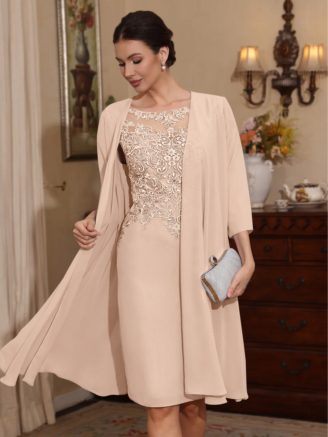 2 Pieces Sheath/Column Scoop Chiffon Mother of the Bride Dresses with Jacket Lace Knee-Length 3/4 Sleeves