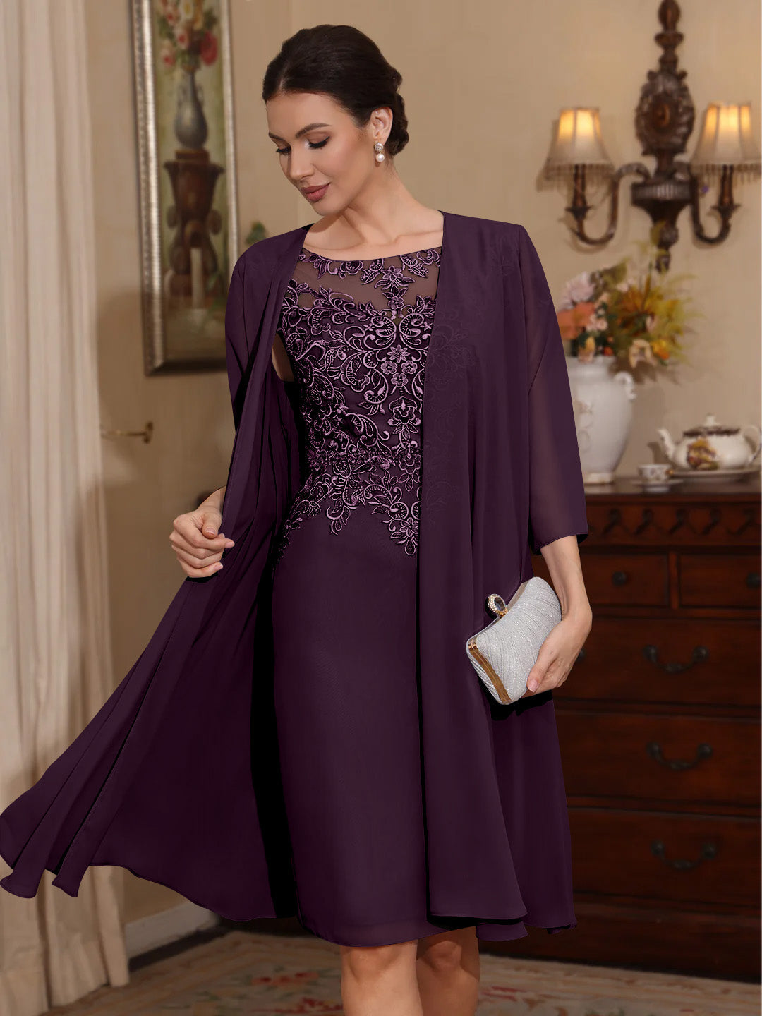 2 Pieces Sheath/Column Scoop Chiffon Mother of the Bride Dresses with Jacket Lace Knee-Length 3/4 Sleeves