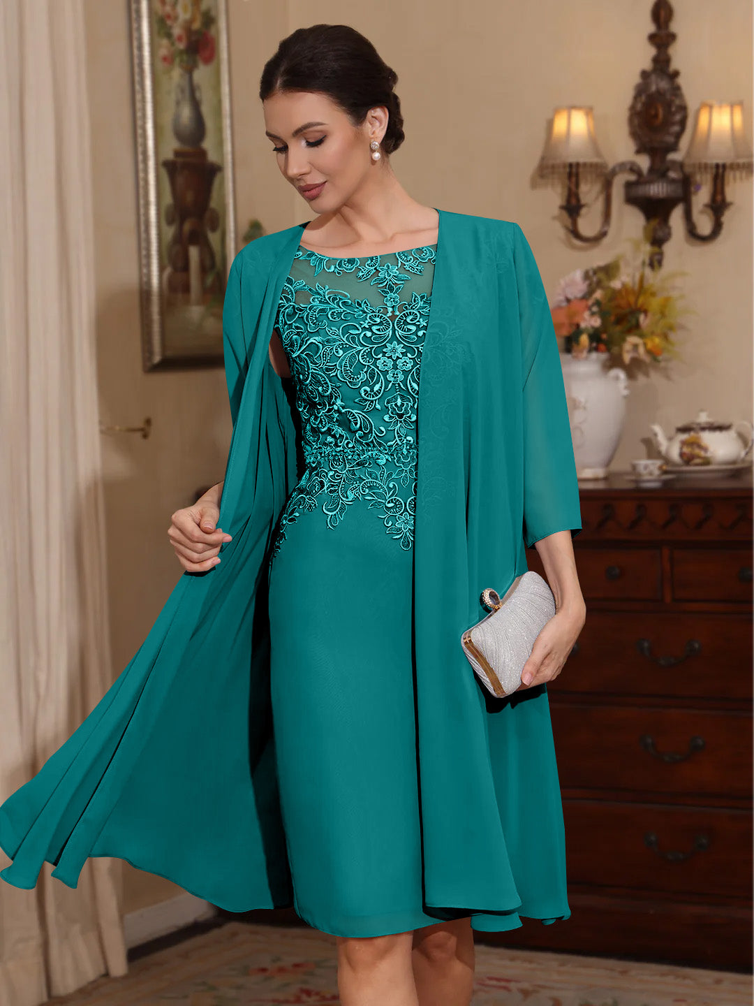 2 Pieces Sheath/Column Scoop Chiffon Mother of the Bride Dresses with Jacket Lace Knee-Length 3/4 Sleeves