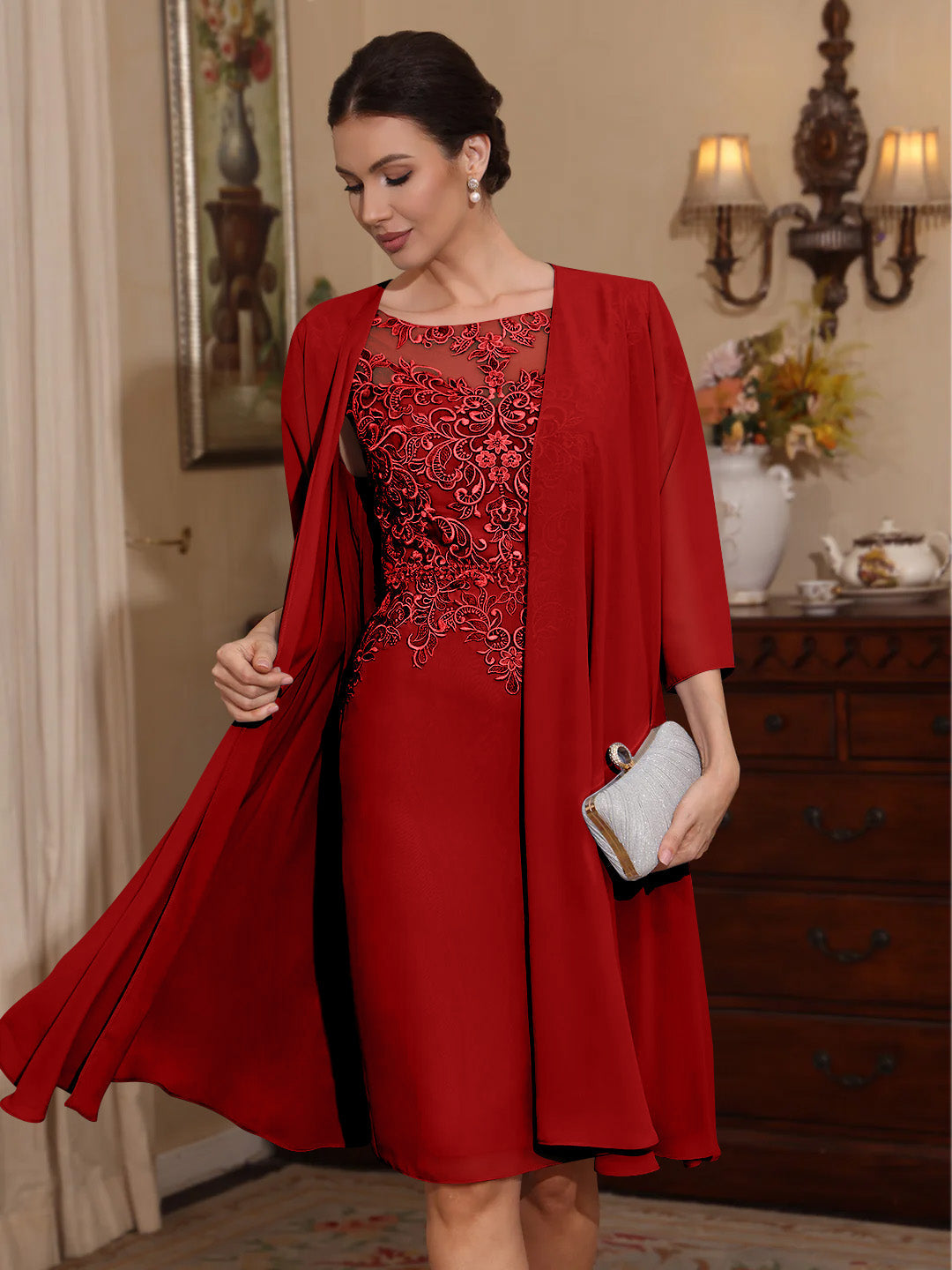 2 Pieces Sheath/Column Scoop Chiffon Mother of the Bride Dresses with Jacket Lace Knee-Length 3/4 Sleeves