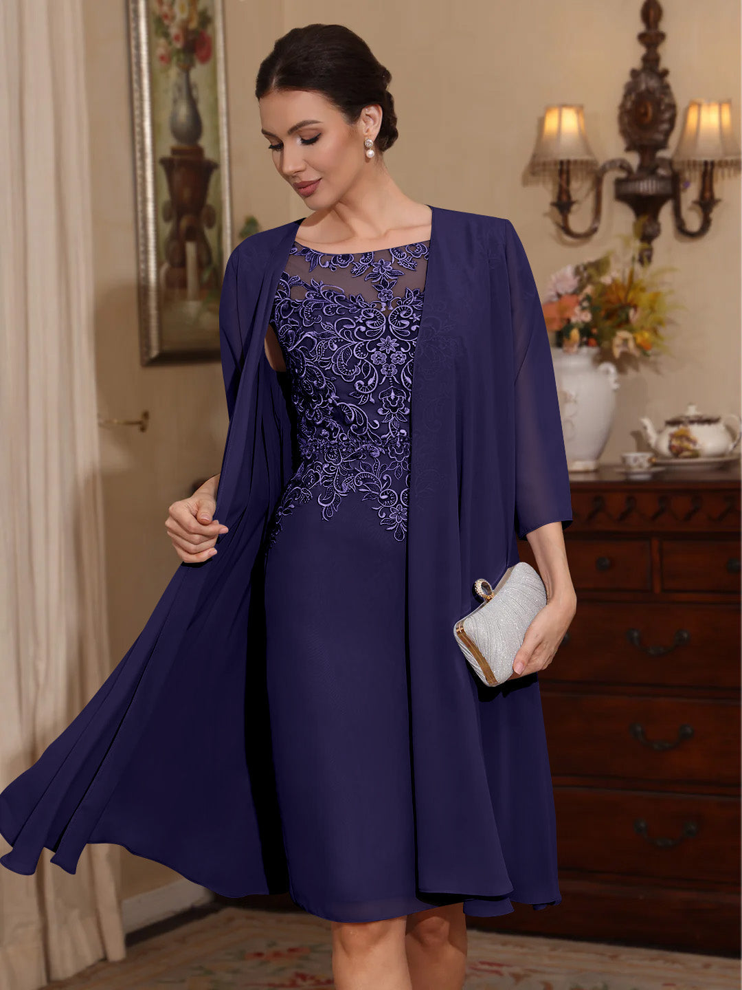 2 Pieces Sheath/Column Scoop Chiffon Mother of the Bride Dresses with Jacket Lace Knee-Length 3/4 Sleeves