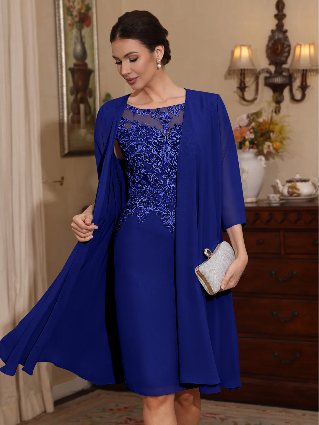 2 Pieces Sheath/Column Scoop Chiffon Mother of the Bride Dresses with Jacket Lace Knee-Length 3/4 Sleeves