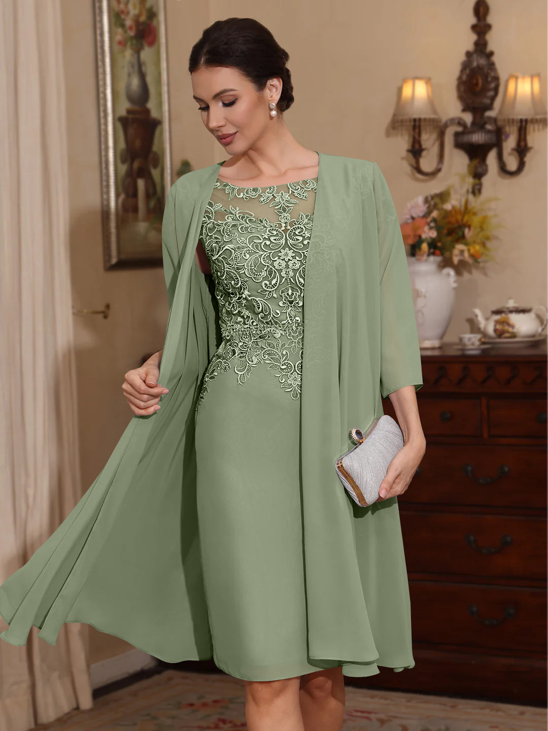 2 Pieces Sheath/Column Scoop Chiffon Mother of the Bride Dresses with Jacket Lace Knee-Length 3/4 Sleeves