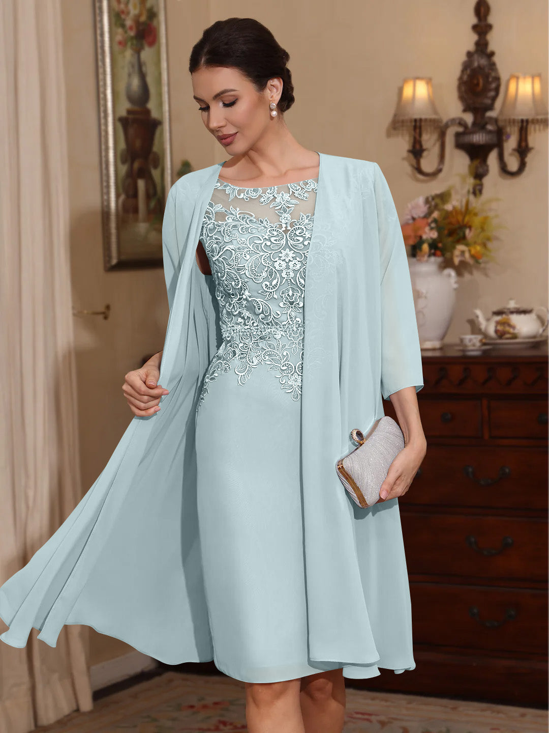 2 Pieces Sheath/Column Scoop Chiffon Mother of the Bride Dresses with Jacket Lace Knee-Length 3/4 Sleeves