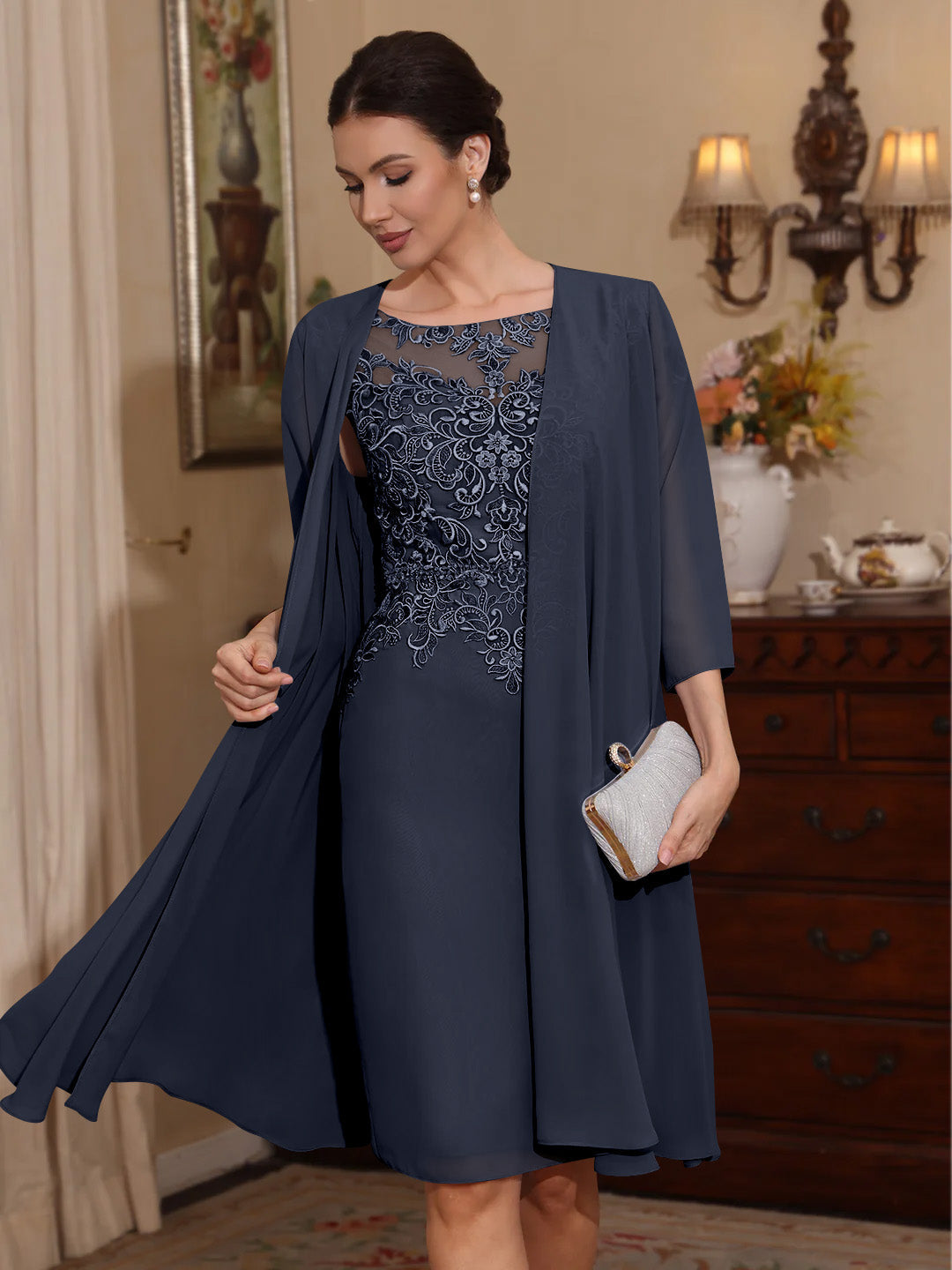 2 Pieces Sheath/Column Scoop Chiffon Mother of the Bride Dresses with Jacket Lace Knee-Length 3/4 Sleeves
