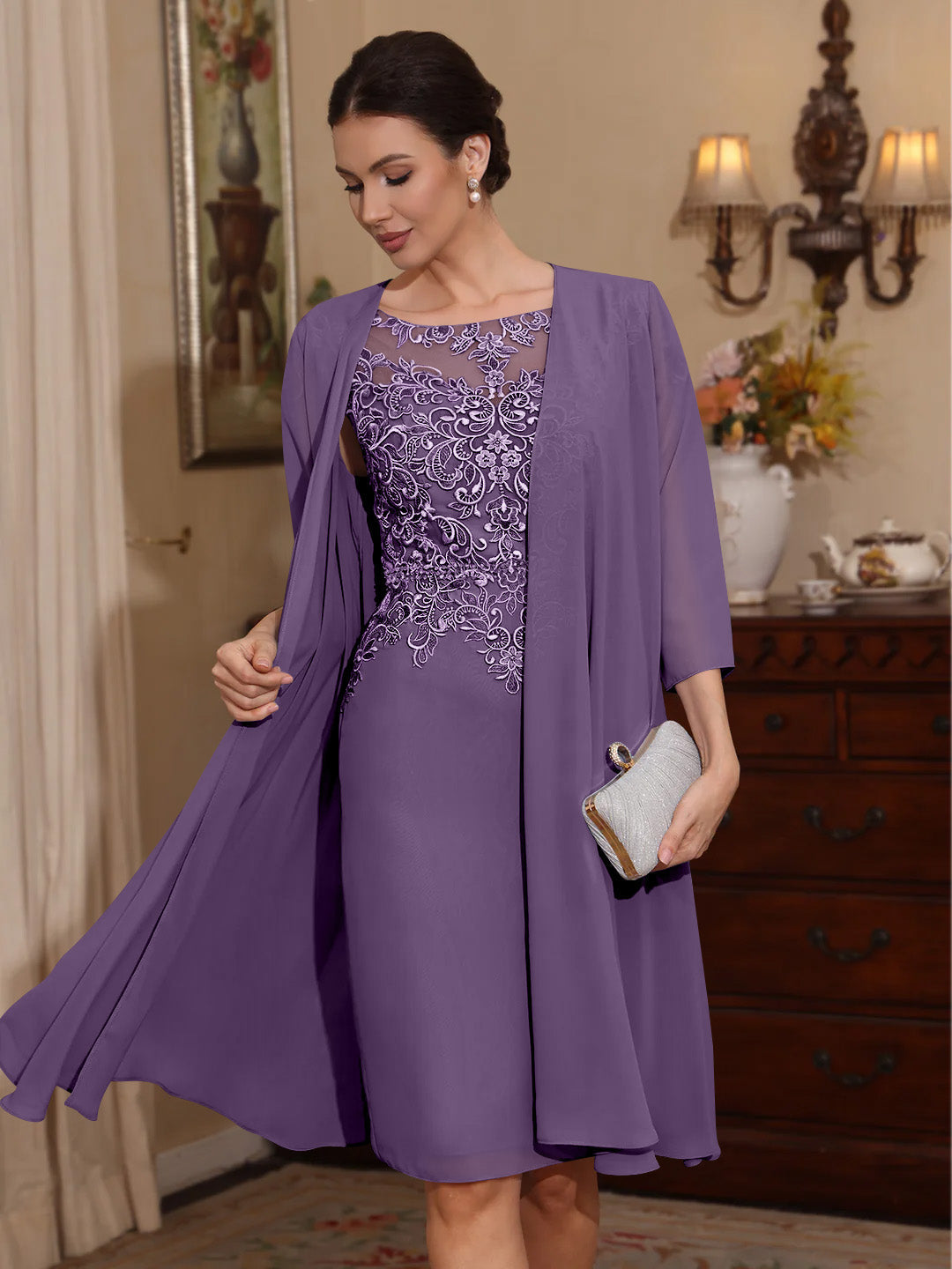 2 Pieces Sheath/Column Scoop Chiffon Mother of the Bride Dresses with Jacket Lace Knee-Length 3/4 Sleeves