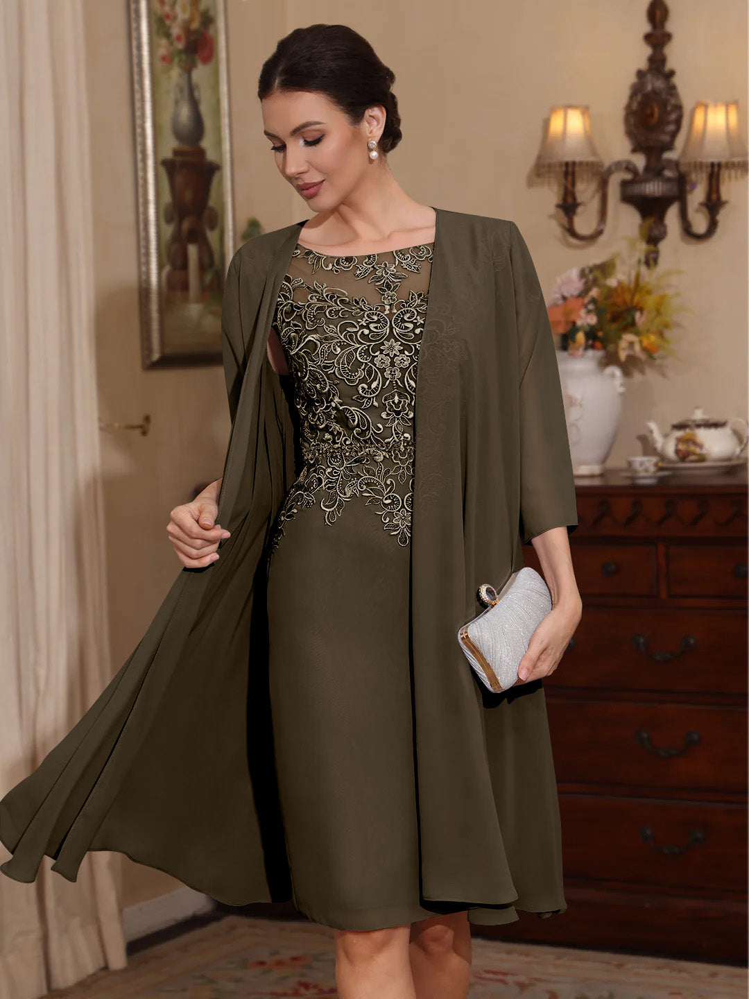 2 Pieces Sheath/Column Scoop Chiffon Mother of the Bride Dresses with Jacket Lace Knee-Length 3/4 Sleeves