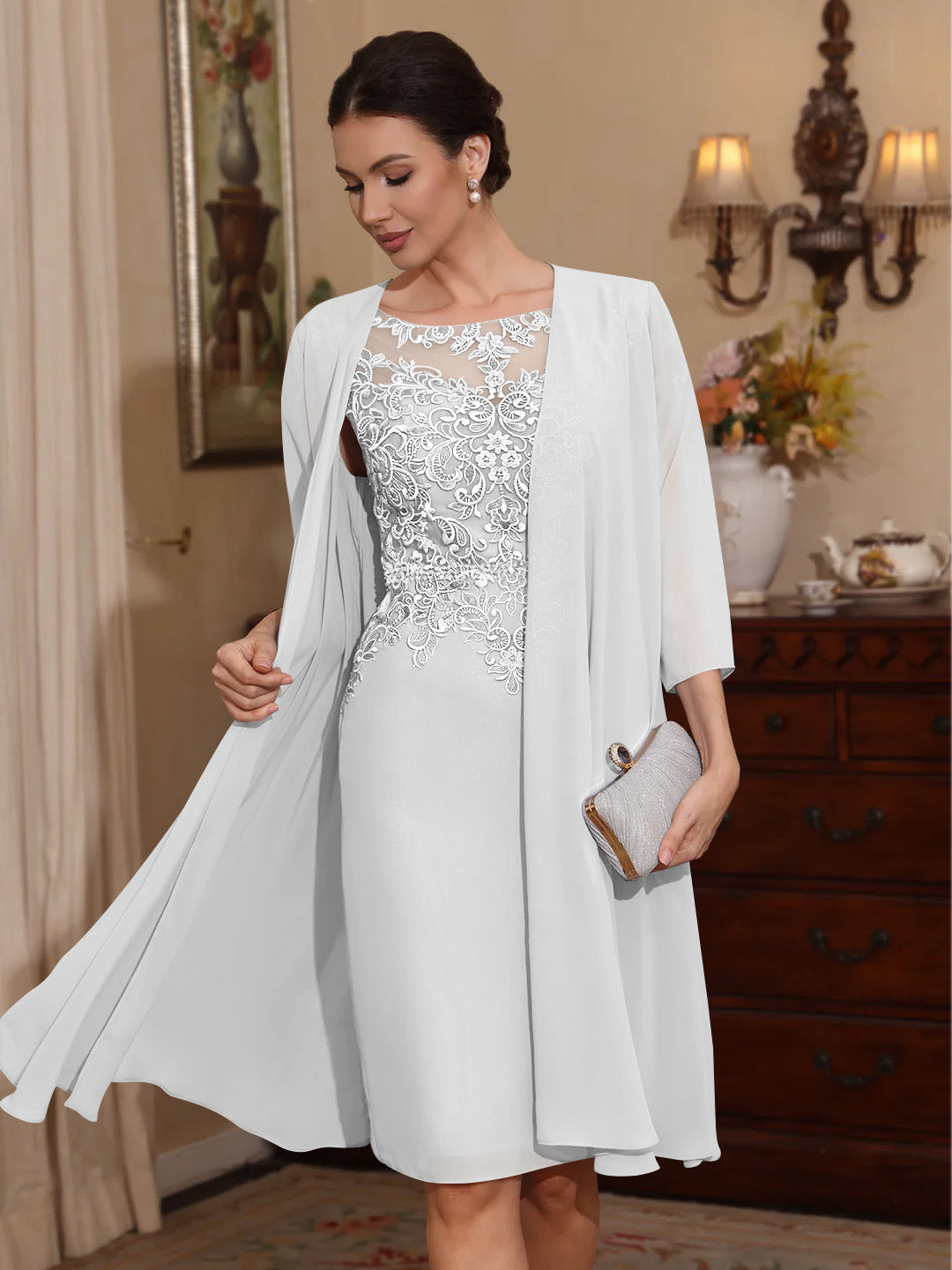 2 Pieces Sheath/Column Scoop Chiffon Mother of the Bride Dresses with Jacket Lace Knee-Length 3/4 Sleeves