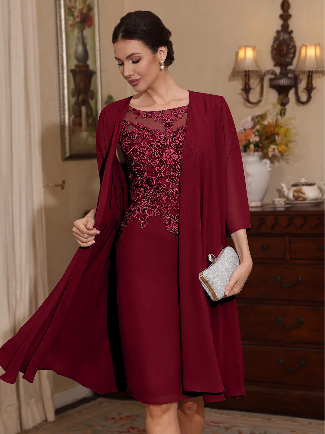 2 Pieces Sheath/Column Scoop Chiffon Mother of the Bride Dresses with Jacket Lace Knee-Length 3/4 Sleeves